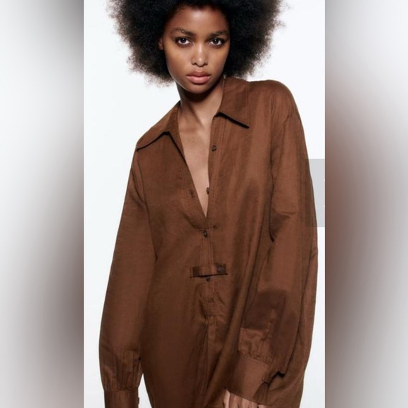 Zara Linen Tunic Dress Elegant Brown Maxi Dress - Picture 5 of 13